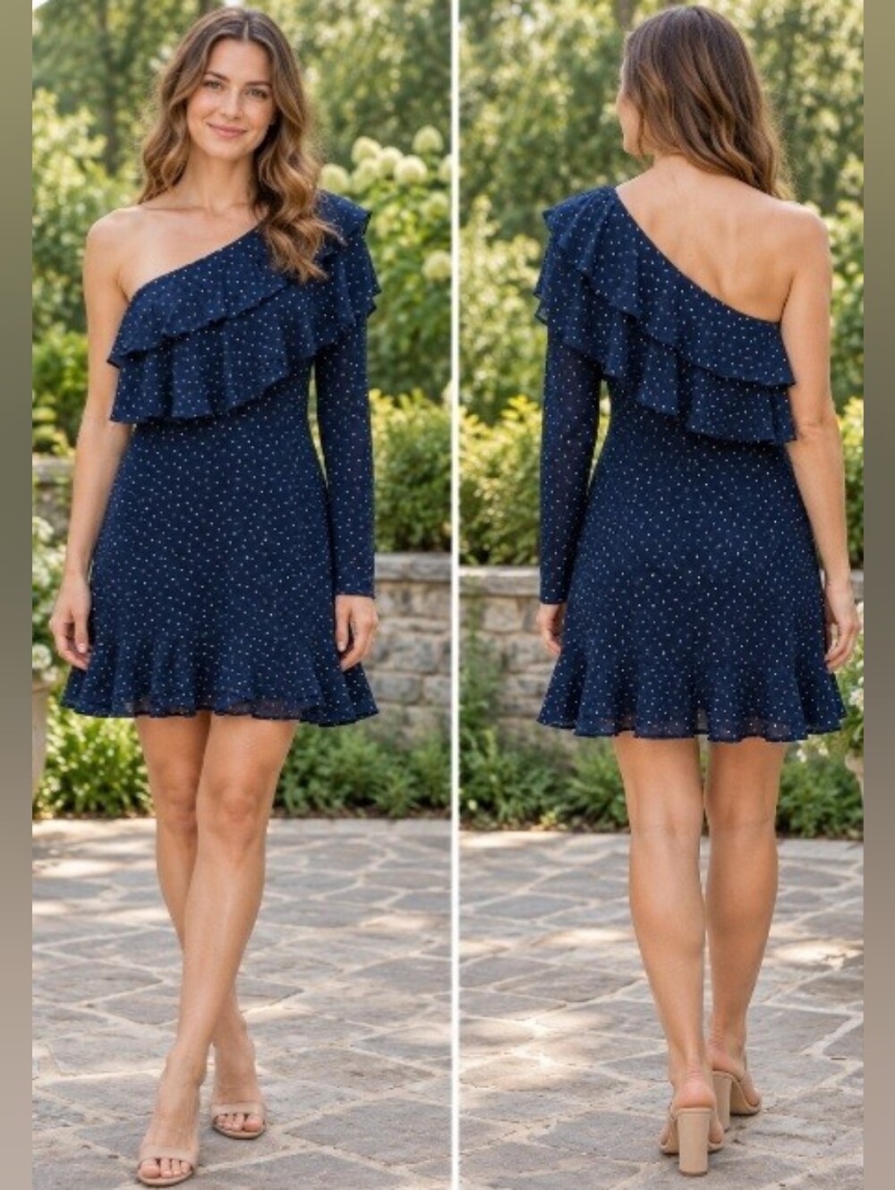 Wayf Navy One-Shoulder Ruffle Mini Dress with White Dot Print